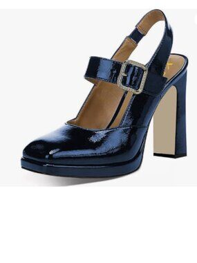 YDN Navy Chunky High Heel Pumps Platform Sqaure Toe Elastic Slingbacks Cute Shoe